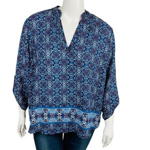 Signature Studio Womans‎ Blouse 2X Plus Long Sleeve Abstract V Neck Blue